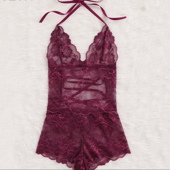 🔴 Lace Lingerie Romper One Piece Burgundy - Picture 1 of 4